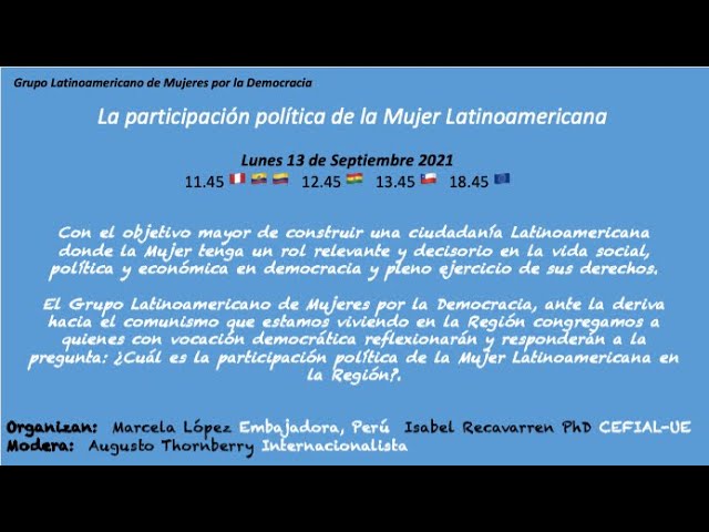 Estás Invitad@. Lunes 13/IX/2021 11.45 🇵🇪 🇪🇨 🇨🇴 12.45 🇧🇴 13.45 🇨🇱 18.45 🇪🇺
