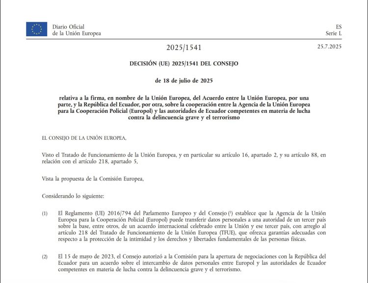 UE-Ecuador, cooperación con EUROPOL n materia de lucha contra la delincuencia grave y el terrorismo