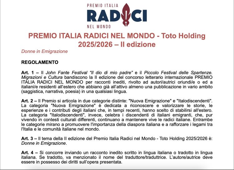 Premio Italia Radici nel Mondo – Toto Holding, II Edizione – Bando 2025