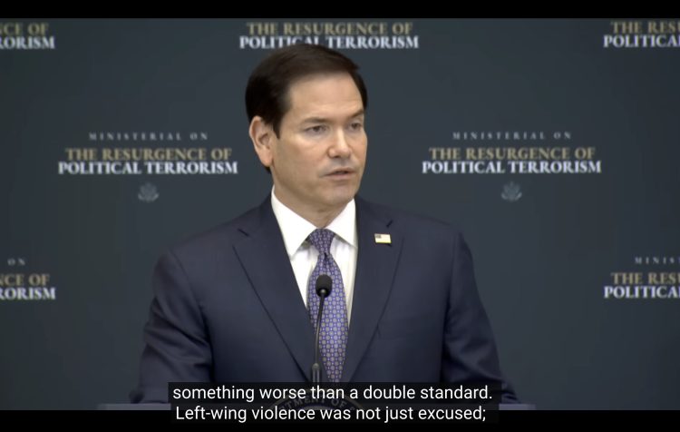 Secretario de Estado Marco Rubio en la apertura de la reunión ministerial sobre el resurgimiento del terrorismo político.