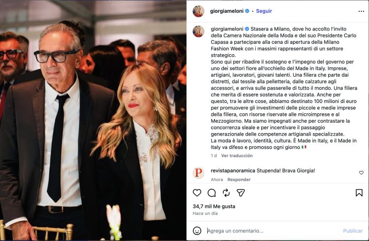 La primera ministra Meloni en la Semana de la Moda: «Una muestra de apoyo».